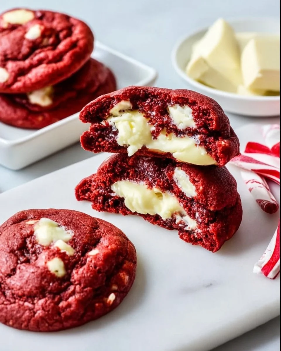 Decadent cheesecake stuffed red velvet cookies on a plate