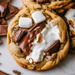 Plate of chocolate chip s'mores cookies with gooey marshmallows and chocolate