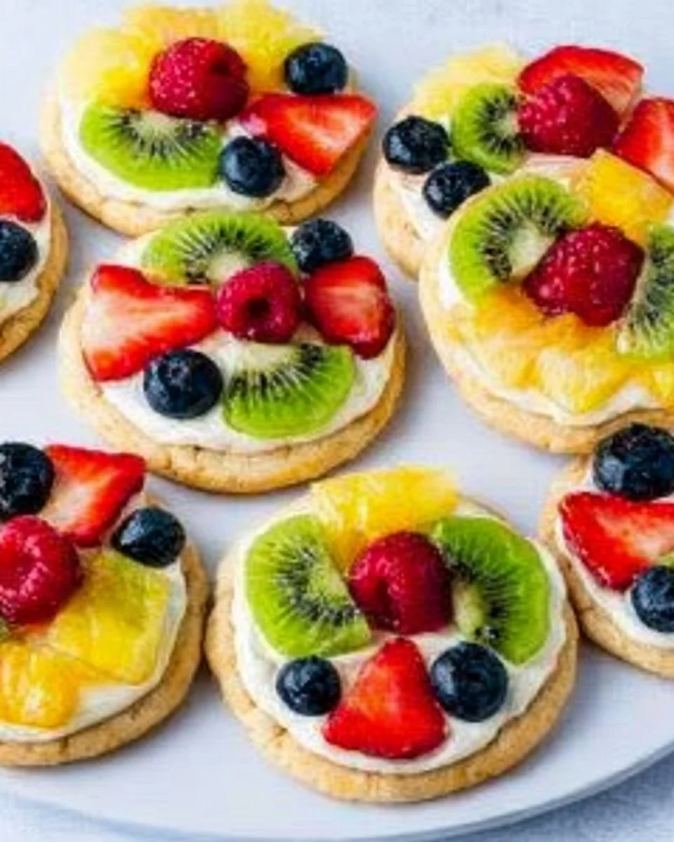 Colorful fruit pizza cookies topped with fresh fruit and creamy frosting