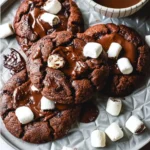 Delicious homemade hot cocoa cookies on a plate with chocolate drizzle.