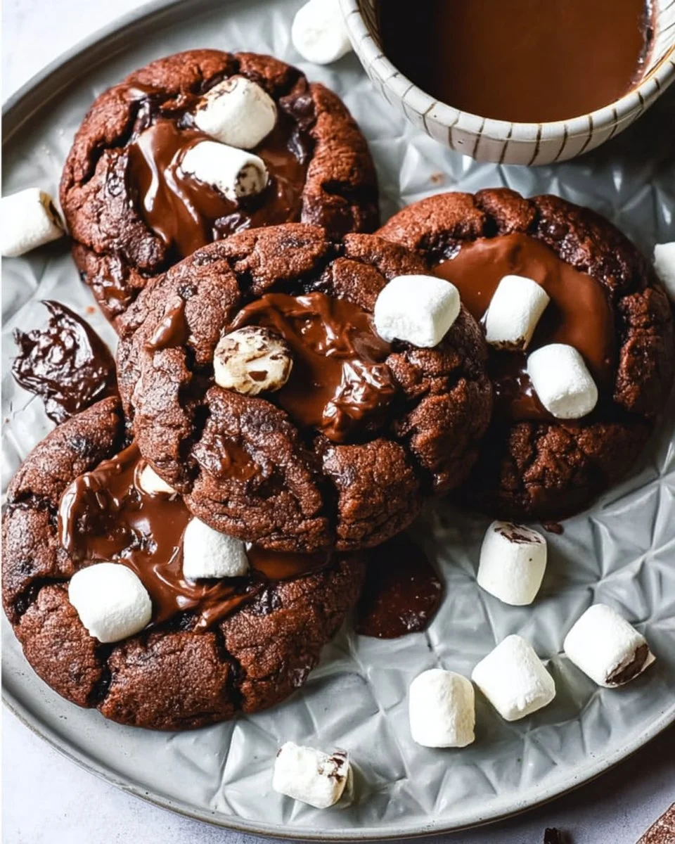 Delicious homemade hot cocoa cookies on a plate with chocolate drizzle.