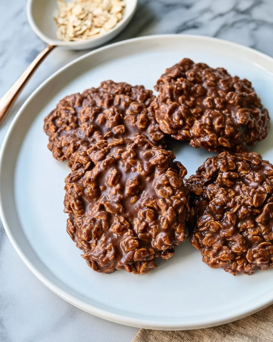 Delicious no bake cookies made with chocolate and oats.