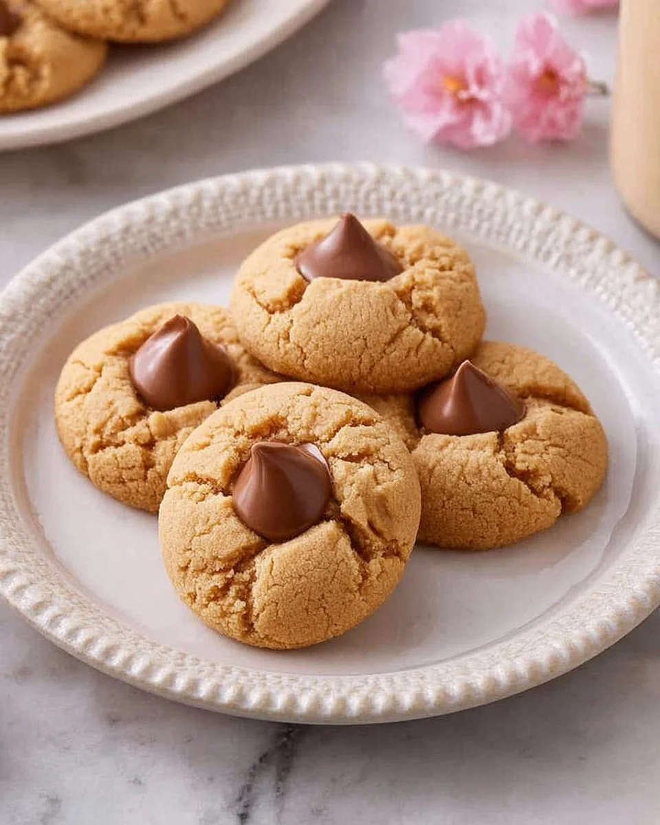 Delicious Peanut Butter Blossoms cookies with chocolate kisses on top