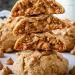 Thick peanut butter cookies stacked on a plate, fresh out of the oven.