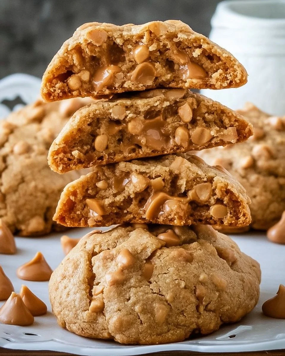 Thick peanut butter cookies stacked on a plate, fresh out of the oven.